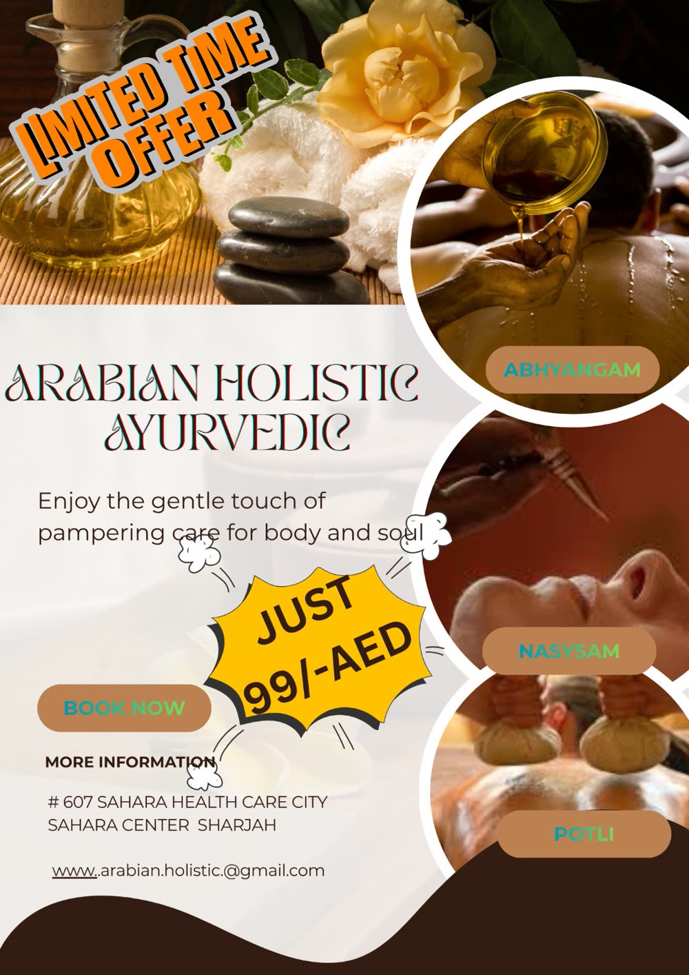 Limited time offer poster: Abhyangam, Nasyam and Potli for just 99 AED