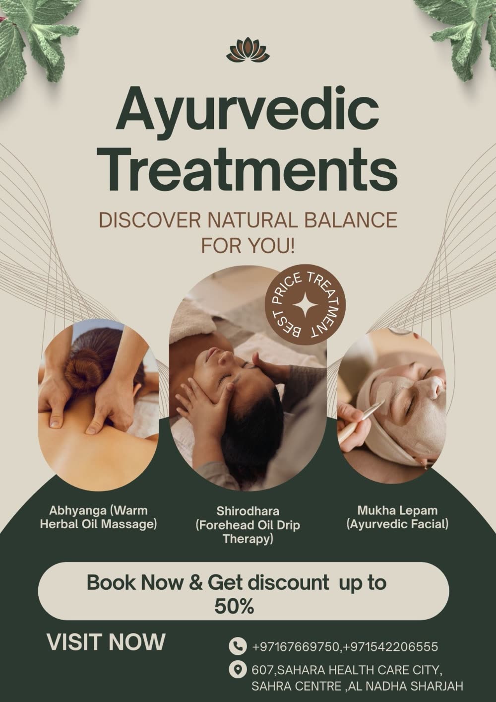 Ayurvedic treatments poster featuring Abhyanga, Shirodhara and Mukha Lepam